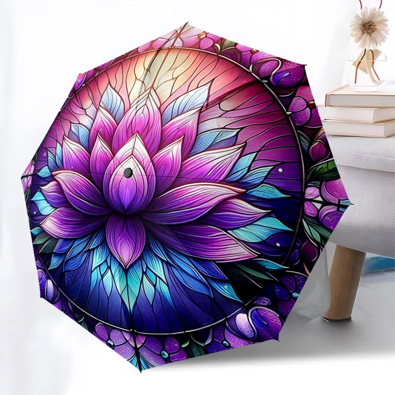 

1pc Stained Glass Lotus Flower Automatic Folding Umbrella - Portable 3-Fold Design, 8-Rib Iron Frame Outdoor Umbrella, Ideal Gift for Fans, Travelers,