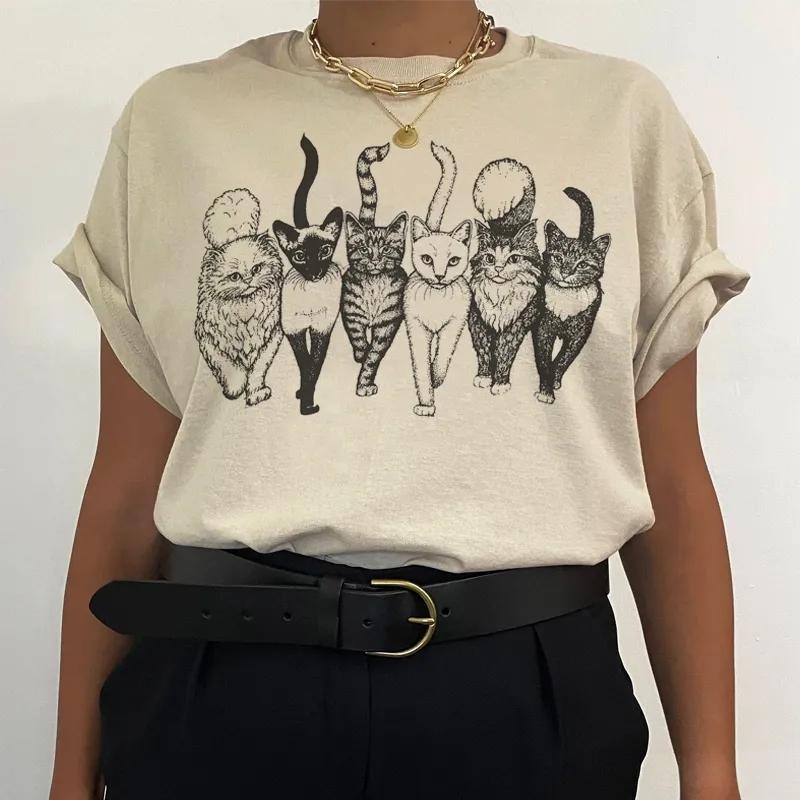 Cat Gang Drawing Women TShirt Female Summer Casual Cotton Graphic Tee Vintage Fashion Cute Aesthetic Funny