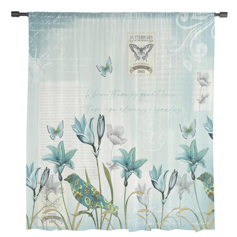 Rustic Vintage Tulip Flower Bird Sheer Curtains for Living Room Decoration Window Curtain Kitchen Tulle Voile Organza Drapes
