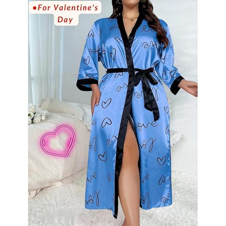 Women's Plus Size Valentines Robe, Sexy Satin Robe Long Sleepwear