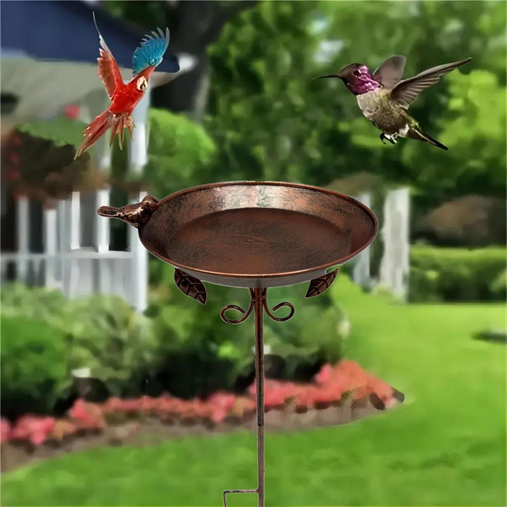 Bird Bath Stand Copper Toned Feeder Bowl Iron art Garden Stake