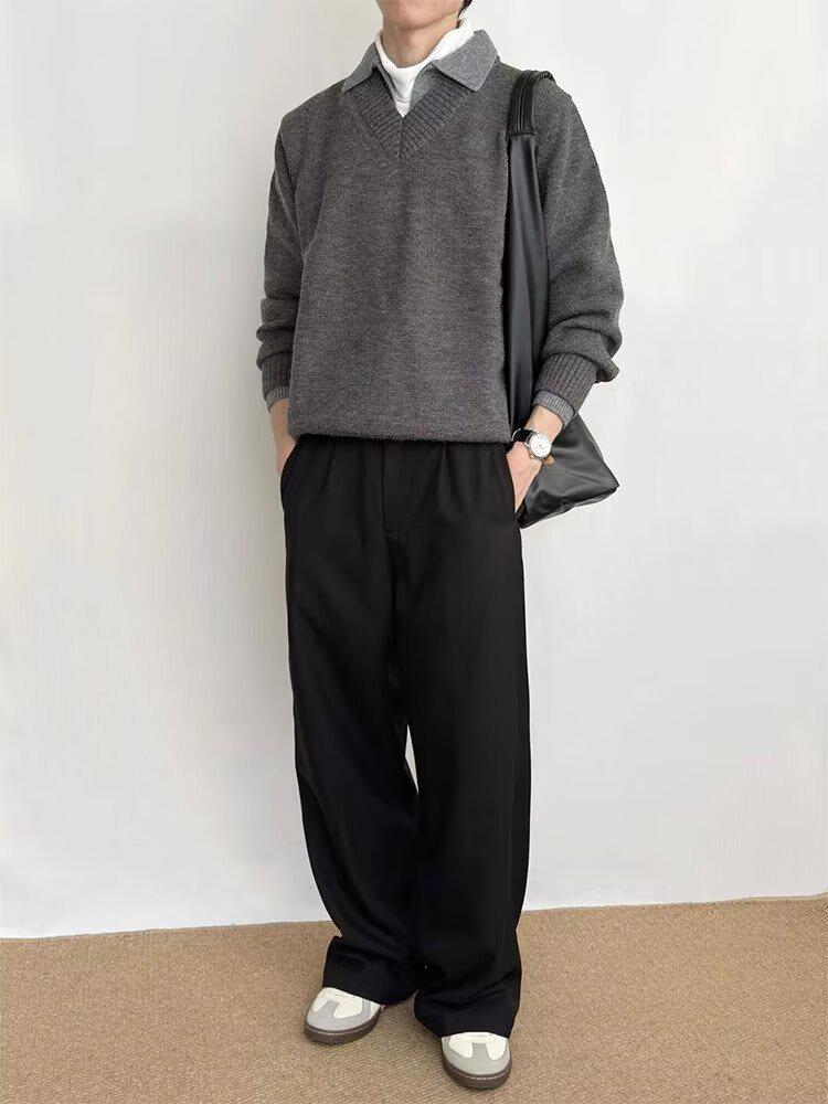 Vintage V-ringad Stickad Pikétröja - Herrhöst Retro Stil