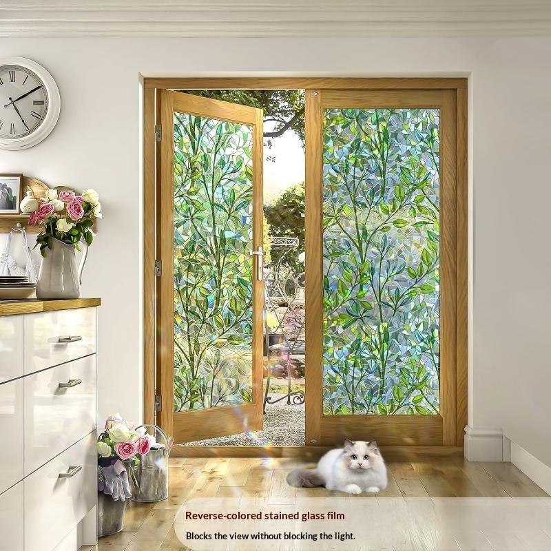 Statisch Haftende Grüne Blatt Buntglas Fensterfolie Anti-Späh-Sichtschutz Abnehmbar für Wohnzimmer Balkon Dekoration