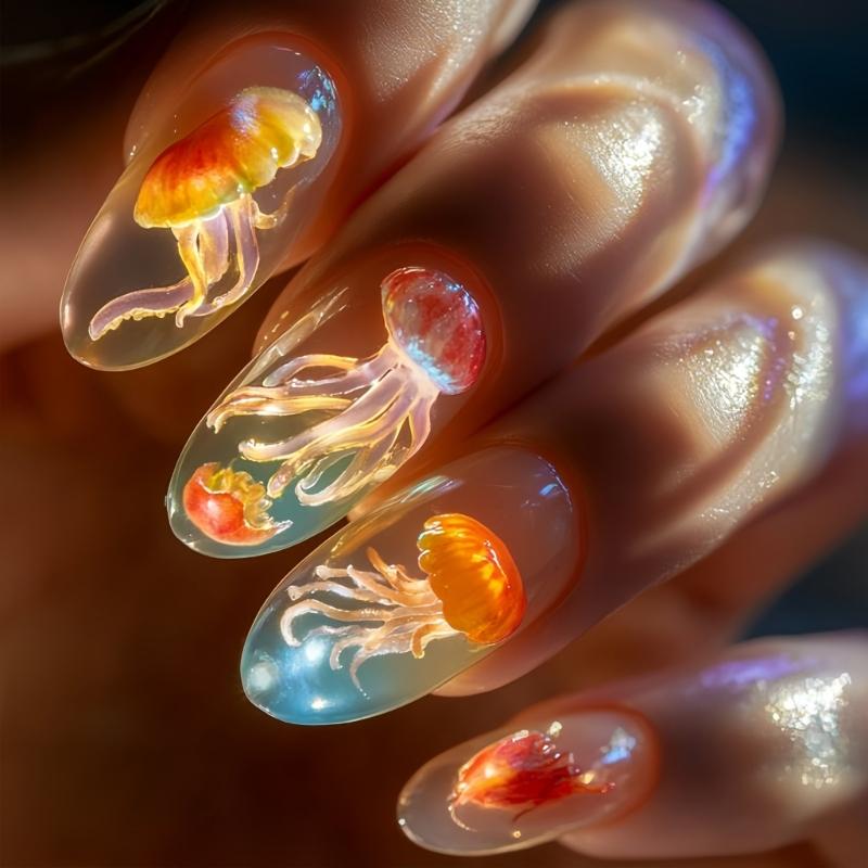 

Pack Of 24 Transparent Blue Press On Nail Almond Shape Glossys Finish False Nail For Women Easy Application Long 1