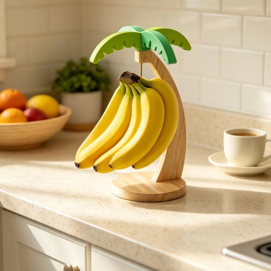 Solid Wood Banana Rack Wooden Hanger, Coconut Tree Shape, with Metal Hook, Fruit Display Stand Tropical Theme Stable Base Rack, for Kitchen Countertop