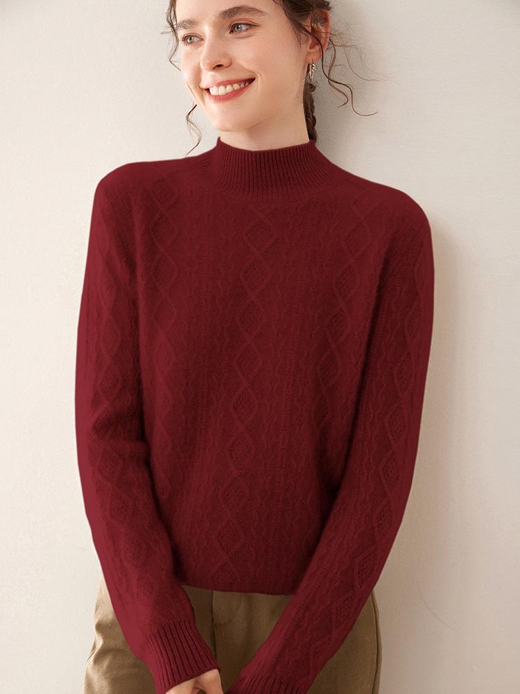 Women's Slim Fit Cashmere Cable Knit Pullover with Half-High Collar