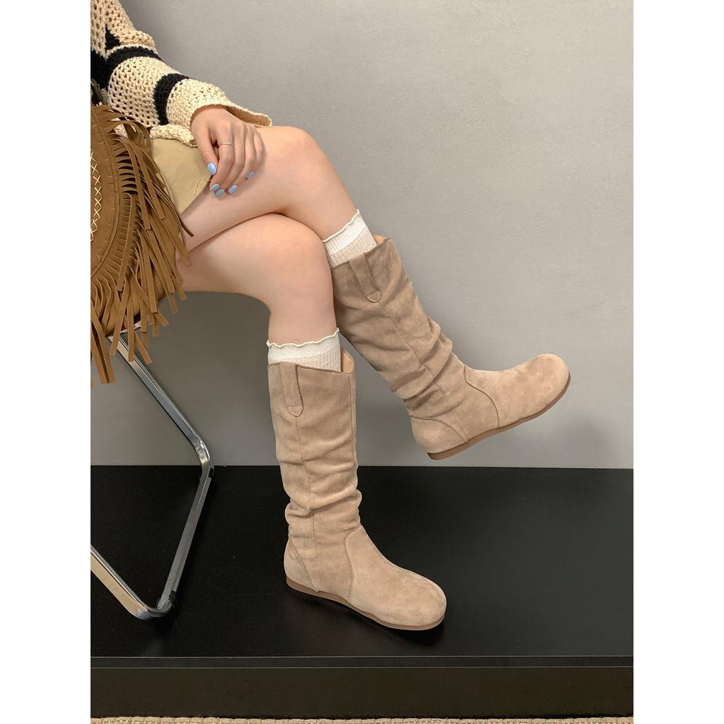 Brown retro flat boots children's boots 2025 new autumn versatile skirt Maillard stacking boots