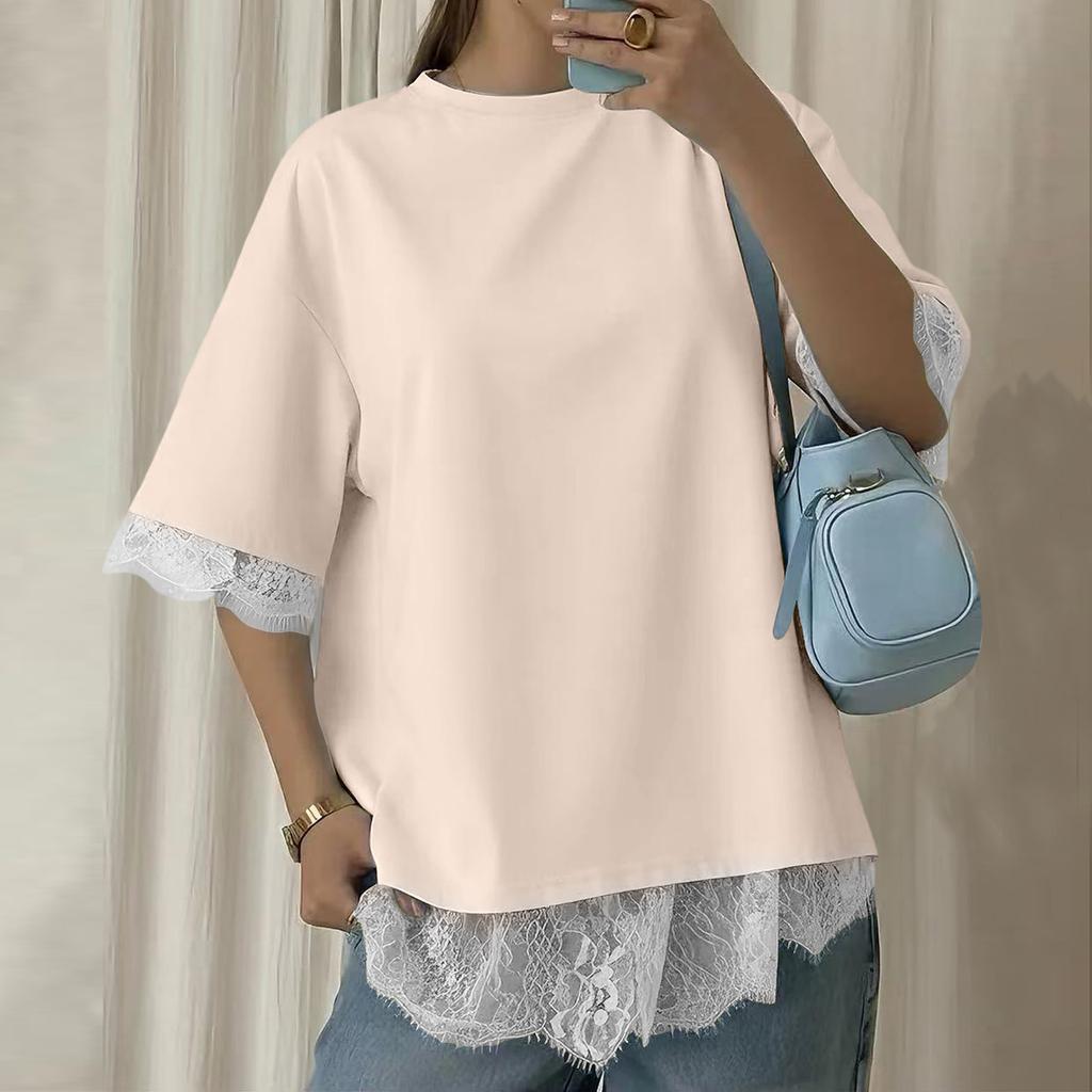 Womens Spring Tops Lace Hem Design Summer Shirts for Women Comfortable Womens Summer Shirts Loose Fit Dressy Tops for Women