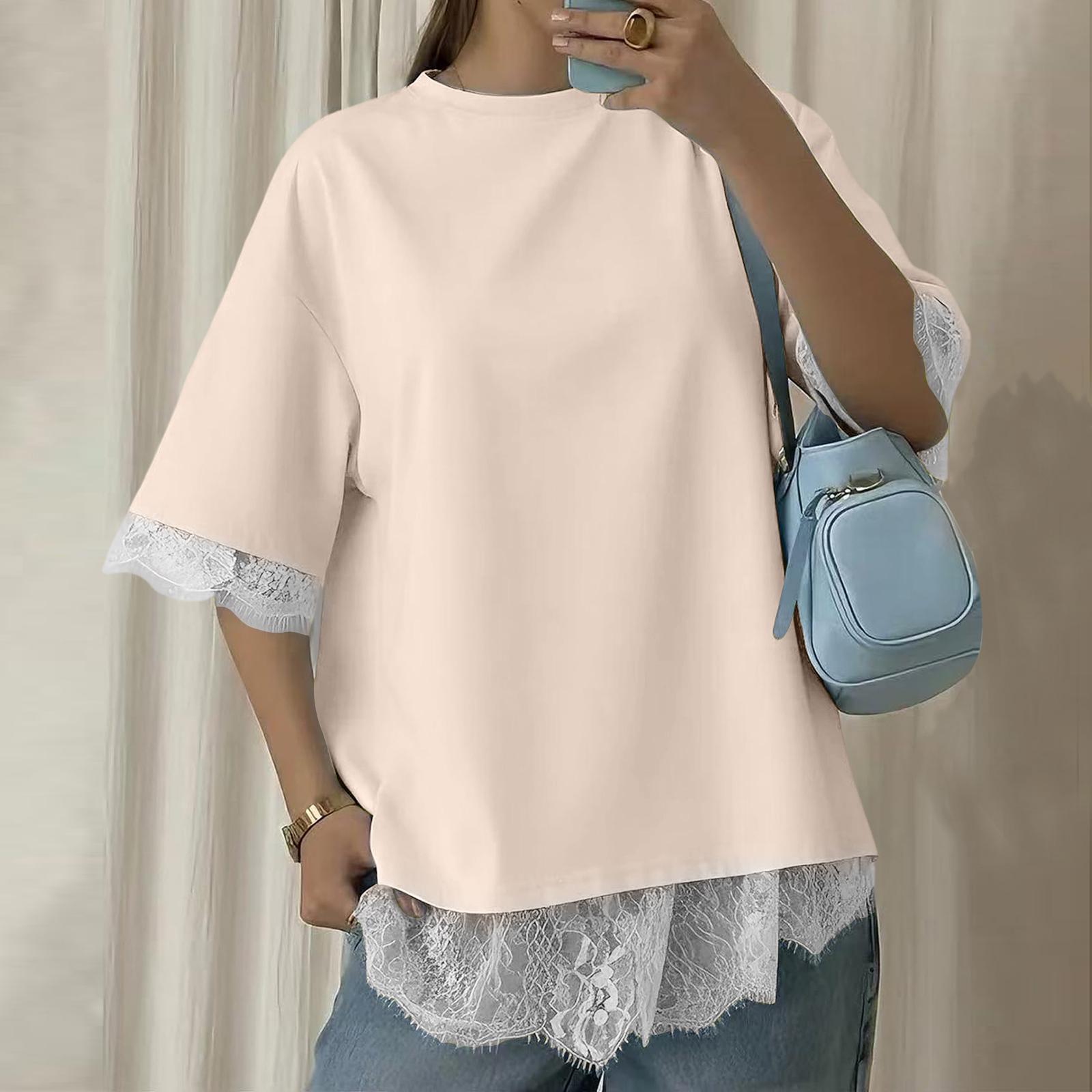 

Women s Color Lace Patchwork Short Sleeved Back Slit Top L бежевый