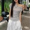 Women Black White Stripe Off Shoulder Short Sleeve Ruched Casual Top