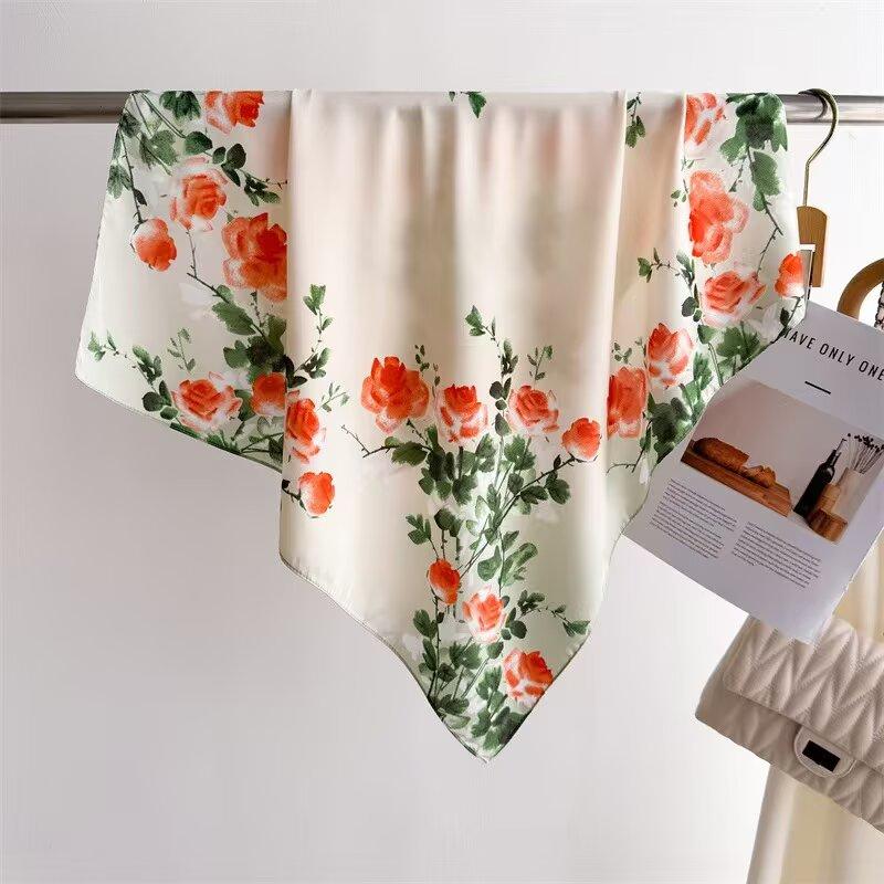 68cm Purple Rose Printed Scarf Women' New Spring Summer Imitation Silk Scarf High-end Versatile Shawl Sun Protection Headscarf