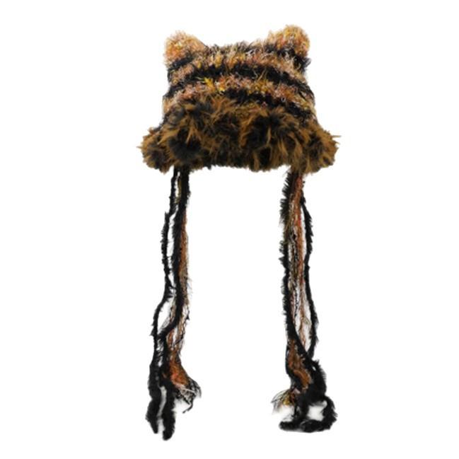 Cute cat ears plush knitted pullover hat children cool spicy wind mixed color braid cold hat winter warm Lei Feng hat