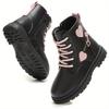 Adorable Heart Non Slip Ankle Boots Girls Boys Lightweight Durable PU Rubber Outdoor Hiking Shoes Zipper Closure Pink Black Fall Winter Casual
