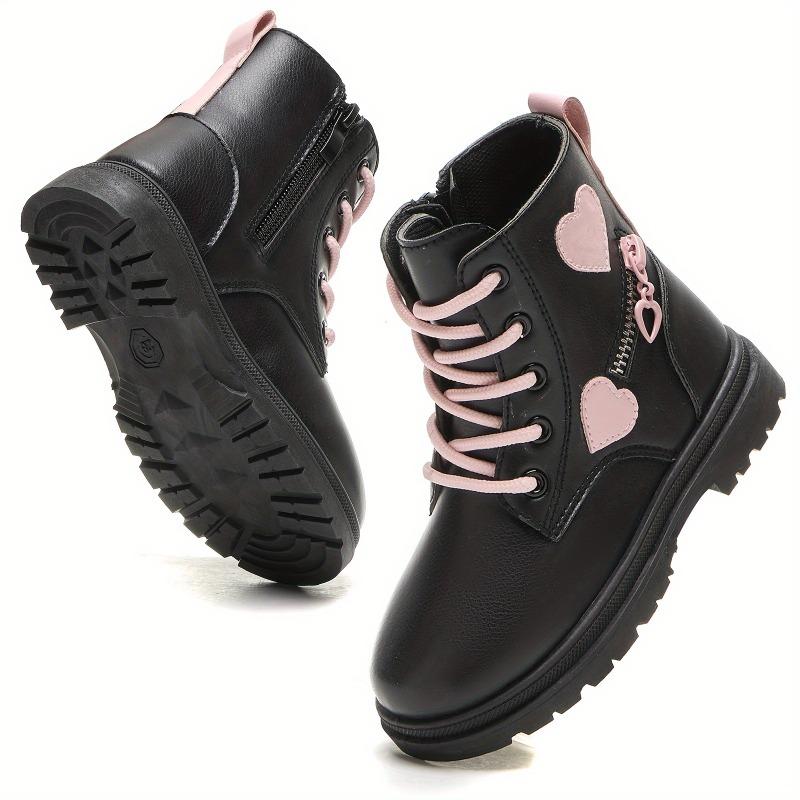 Adorable Heart Non Slip Ankle Boots Girls Boys Lightweight Durable PU Rubber Outdoor Hiking Shoes Zipper Closure Pink Black Fall Winter Casual