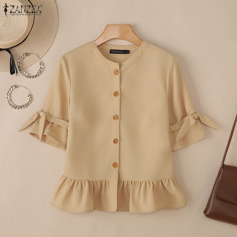 ZANZEA Moteriška kasdieninė palaidinė apvaliu kaklu, vienspalvė, 3/4 rankovėmis, laisva