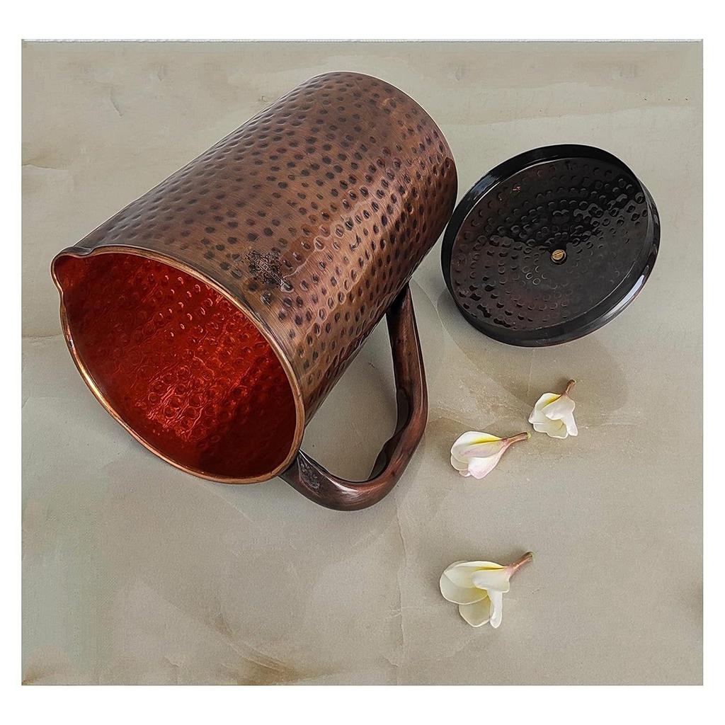 Copper Jug Pitcher with Hammered Design - Antique Dark Tone - 2000 ML - Storage & Serving Water for Yoga Ayurveda Healing