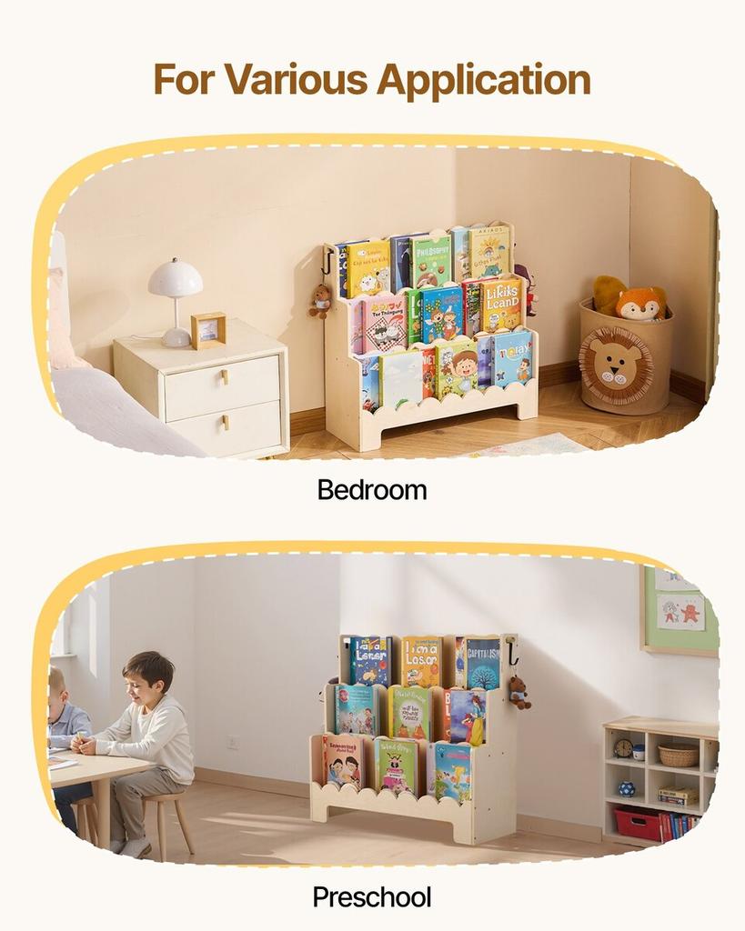Montessori Bookshelf, 3-Tier Scalloped Kids Bookshelf, Front Facing Toddler Bookcase, Dual Hooks for Hanging Backpacks, Baby Bookshelf for Kids Room,
