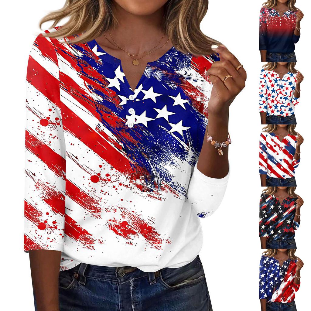 Women's T Shirt Independence Day Print Button 3/4 Sleeve Daily Weekend Fashion Basic V- Neck Regular Top