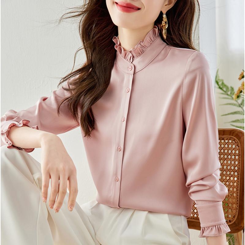 

Весенние новые элегантные женские рубашки с длинным рукавом, осенние, на пуговицах, с воротником-оборкой, женские повседневные блузки, топы, модные винтажные офисные женские рубашки 26080 XL розовый