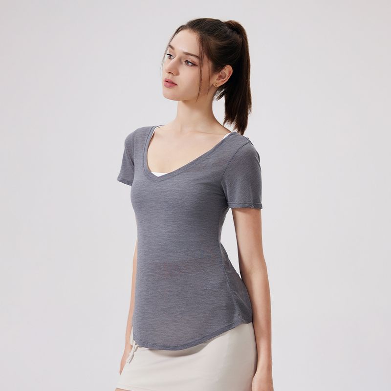 

Lightweight Breathable Yoga Short Sleeve Women s Slim Looking Athleisure Workout Top Loose Vest Blouse Mesh Thigh-Length Elastic Melange gray L