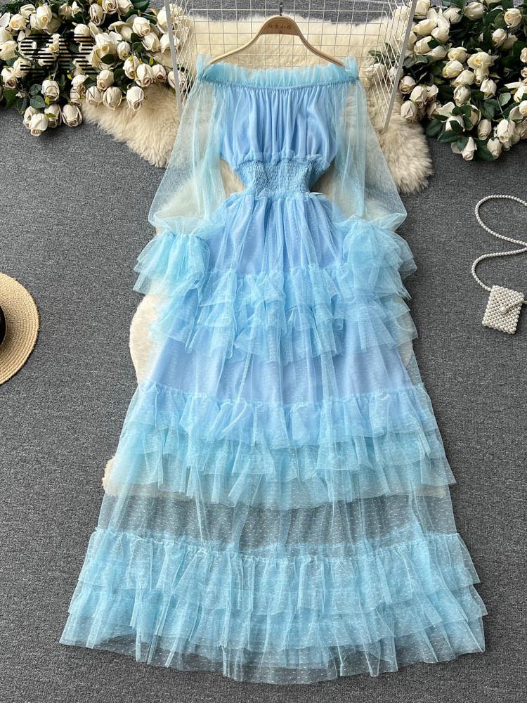 French Fashion Mesh Party Long Dress Women Ruffle Long Sleeve Slash Neck Elastic Waist Ladies Summer Elegant A Line Dresses