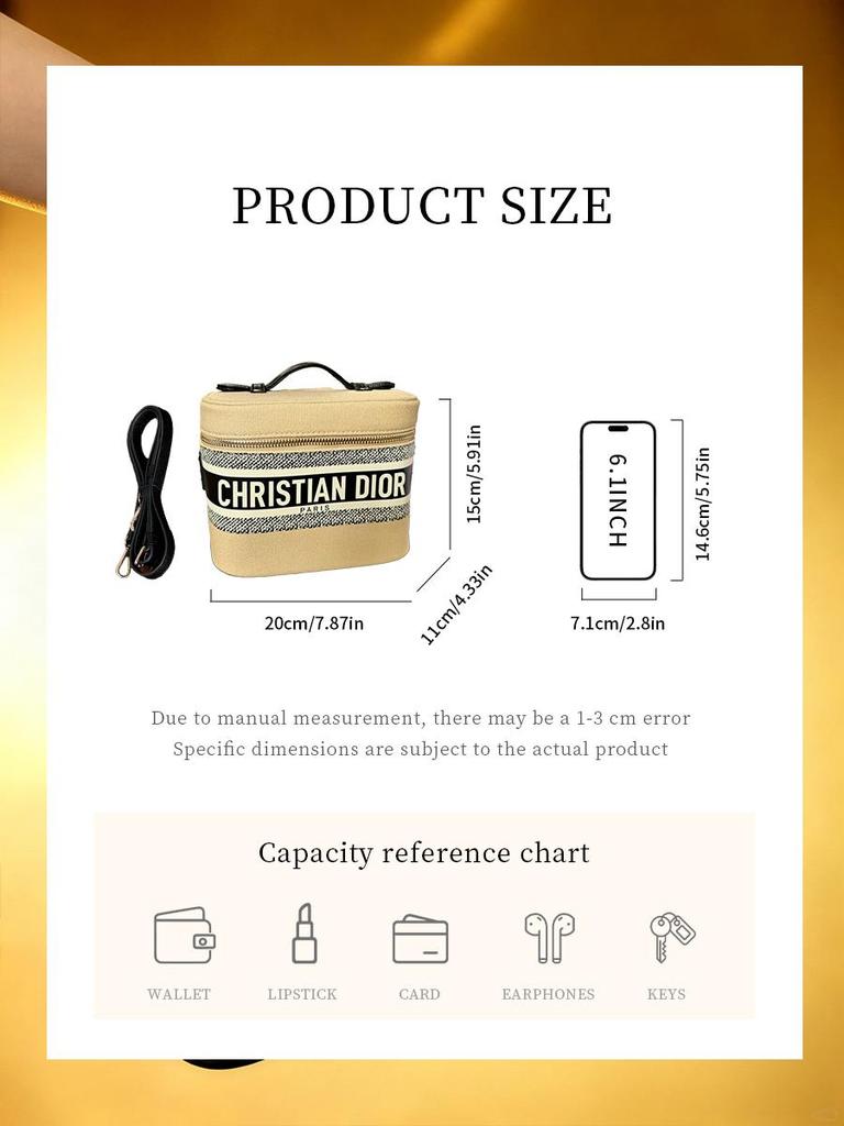 Dior Beauty Peripheral Cosmetic Case, Beige Striped Travel Makeup Box, Women Brand Cosmetic Handbag with Detachable Shoulder Strap