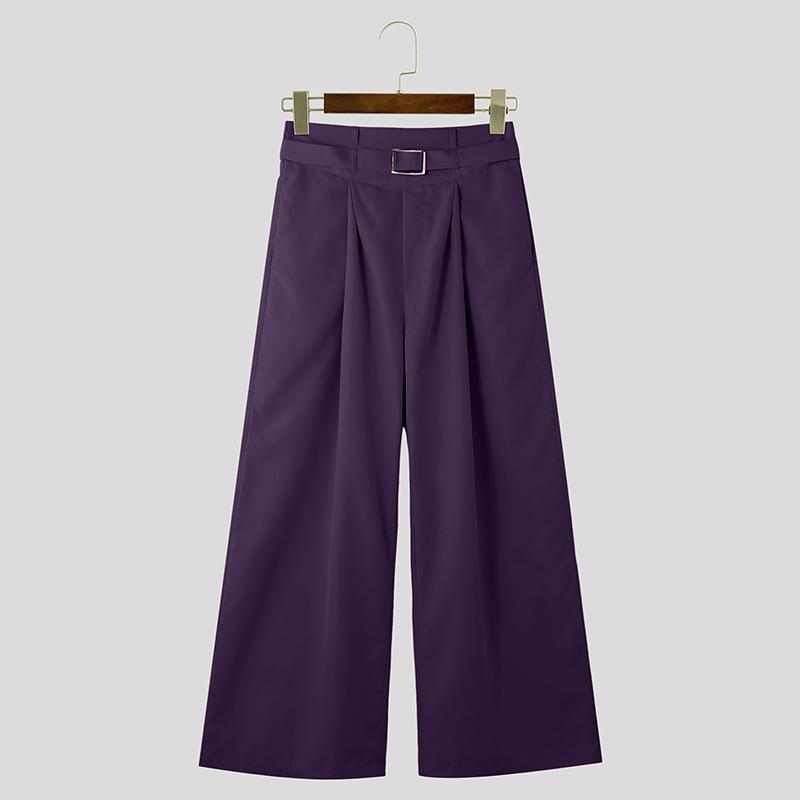 INCERUN Men High Waist Zipper Ruffled Pants Solid Casual Long Trousers Pockets