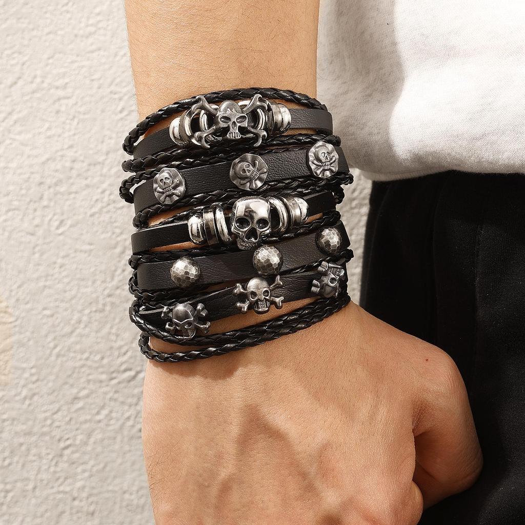 European & American Handmade Braided Leather Bracelet Set: Men's Hip Hop Punk Vintage Multi-layer Jewelry