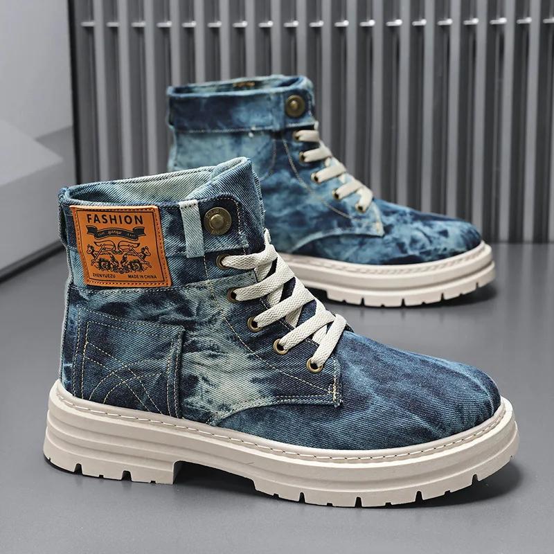 Men's Shoes Style Height Increase Breathable Mid Top Shoe Fashion Denim Casual Versatile Workwear Shoes Casual Boots Shoes