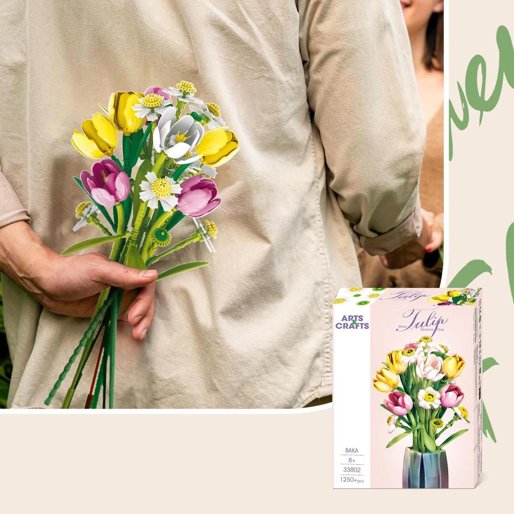 Non-Toxic 1250Pcs Tulip Bouquet Building Blocks Flower Eternal Flower Vase Model Bricks Home Decoration Kids Diy Toys Children Romantic Gifts