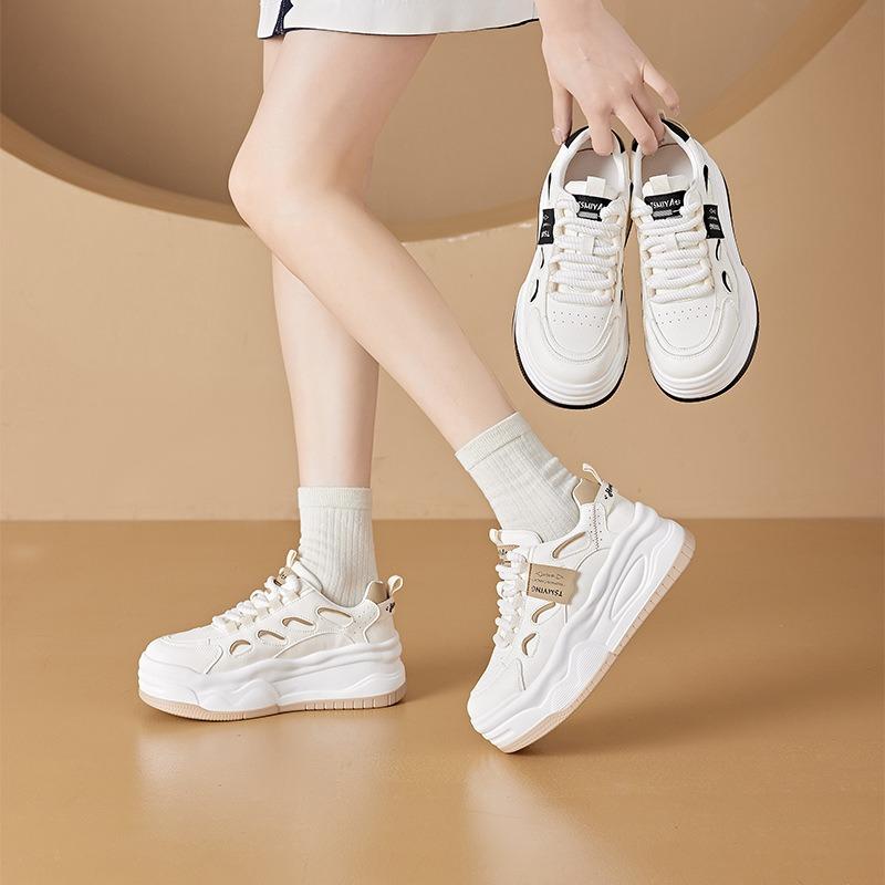 Small size leather little white shoes for women, thick-soled inner height-increasing lace-up casual shoes for women, student shoes for women