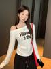 Slant Shoulder Off-the-shoulder Letter Print Long-sleeved T-shirt Women's Early Autumn New Pleated Slim-fit Design Shoulder Strap Top