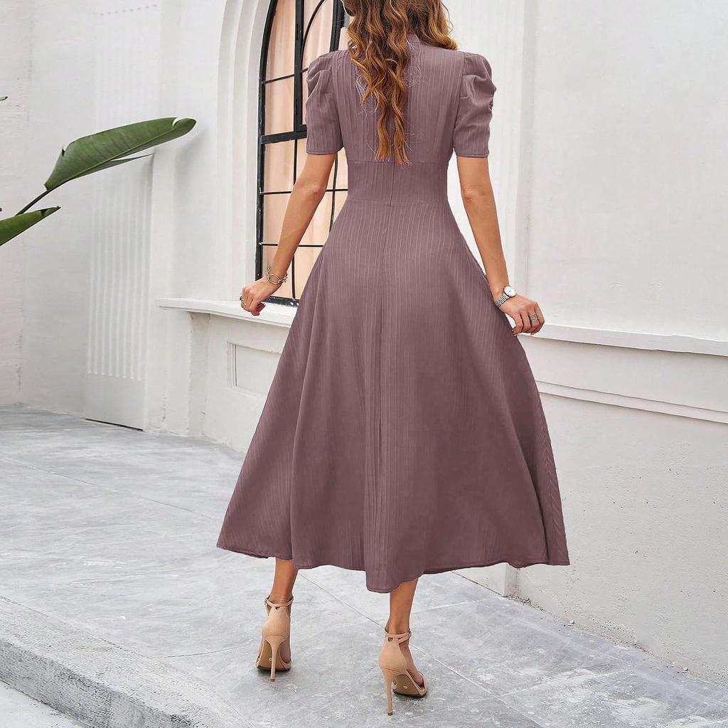 2026 Spring Summer Women's High Waist Solid Color Waist-Cinching Short Sleeve Dress