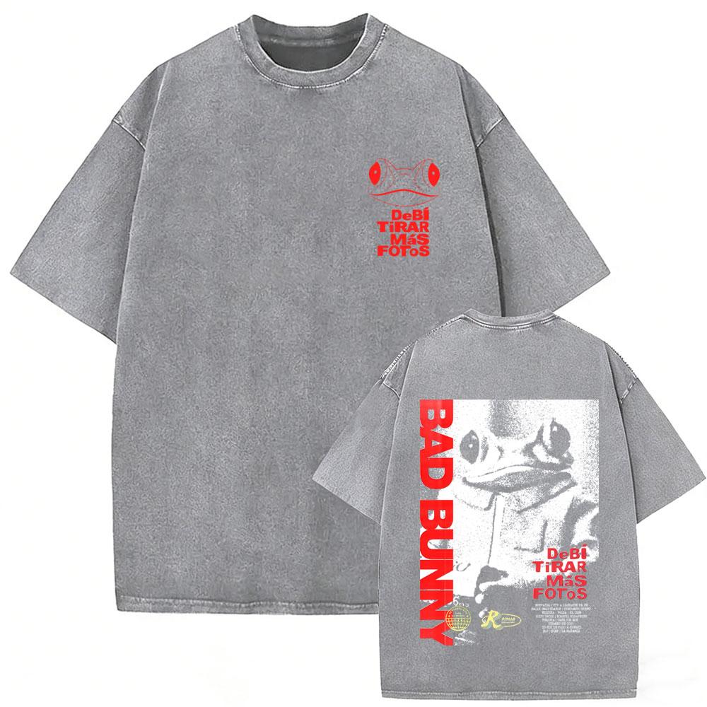 Rapper Bad Bunny Vintage Acid Washed Tshirt Debi Tirar Mas Fotos DTMF World Tour T Shirt Men Women Fashion Hip Hop Tshirt
