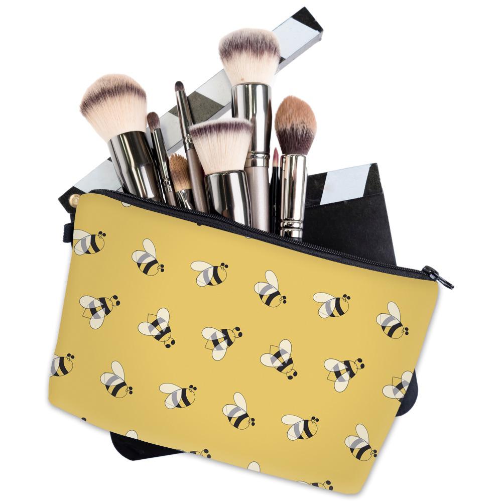 Yellow Cartoon Bee Print Makeup Storage Bag, Cute Portable Zipper Cosmetic Bag, Lightweight Durable Toiletry Bag