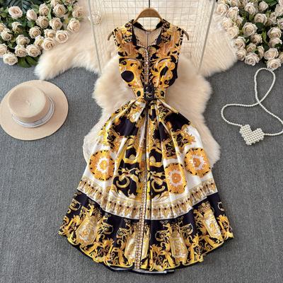 Sommer Marke Designer Vintage Print Runway Party Kleid Frauen ärmellose Revers Shirt Tank Kleider