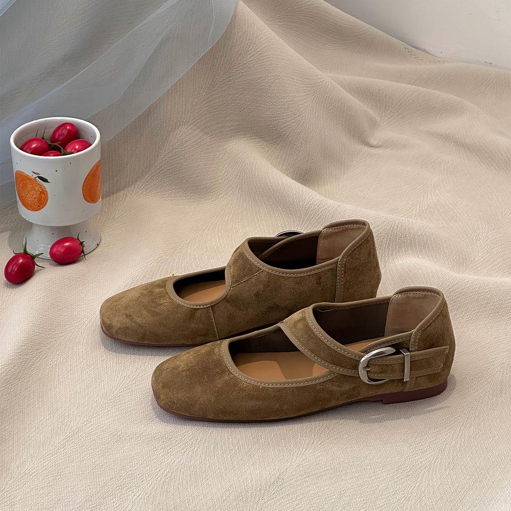 Korean Version Round Head Light Mouth Shoes Suede Ballet Shoes Spring Buckle Belt Mary Jane Flat Bottom Evening Shoes Ladyshoes 26-5