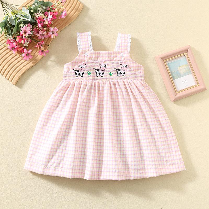 Summer Girls Plaid Smocked Dress Cute Embroidered Strap Sundress for Toddler Baby Princess Party Outfit 90cm розовый