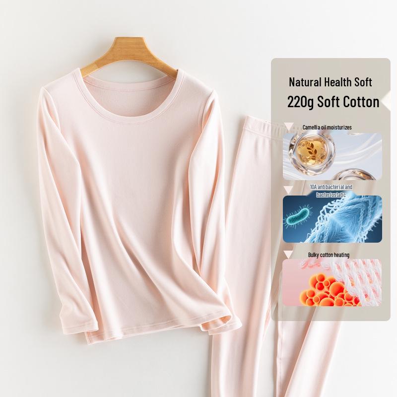 Women's 100% Cotton Antibacterial Long Johns & Underwear Set - Autumn/Winter Warm, Round Neck, Skin-Friendly Base Layer