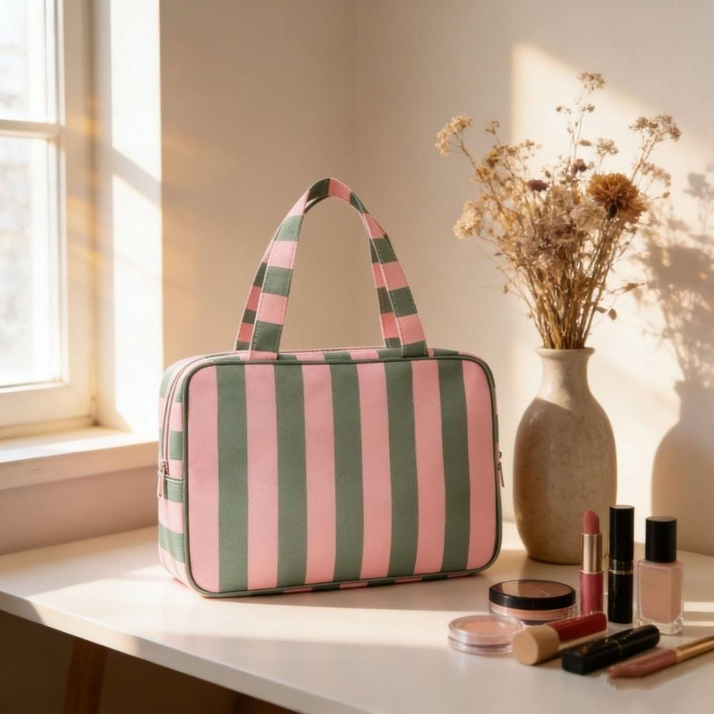 Large Capacity Striped Toiletry Storage Bag Multi Compartment Cosmetic Pouch  Weekend Getaway