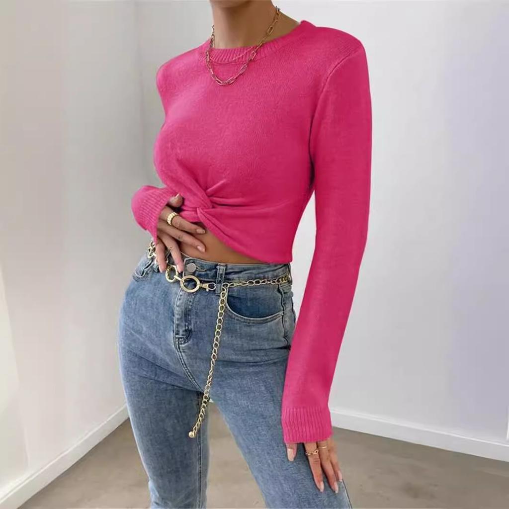 Autumn And Winter Slim Women's Fashion Solid Colour Versatile Round Neck Design Cross Knit Top Sweater