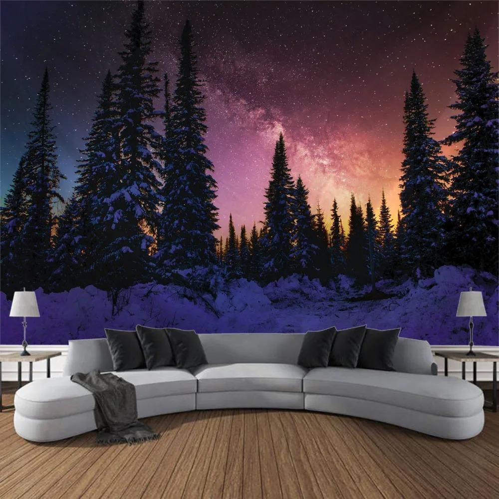 Home Decor Galaxy Starry Sky Wall Hanging Tapestry Space Fantasy Night Sky Forest Landscape Printed Thin Cloth Blanket