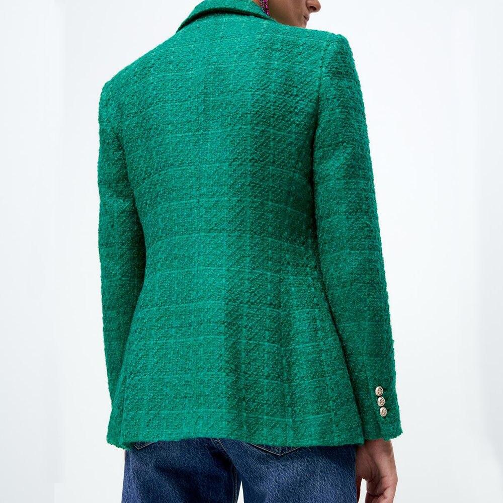 Women Jacket Autumn Fashion Double Breasted Tweed Check Blazer Coat Vintage Long Sleeve Pockets Female Outerwear
