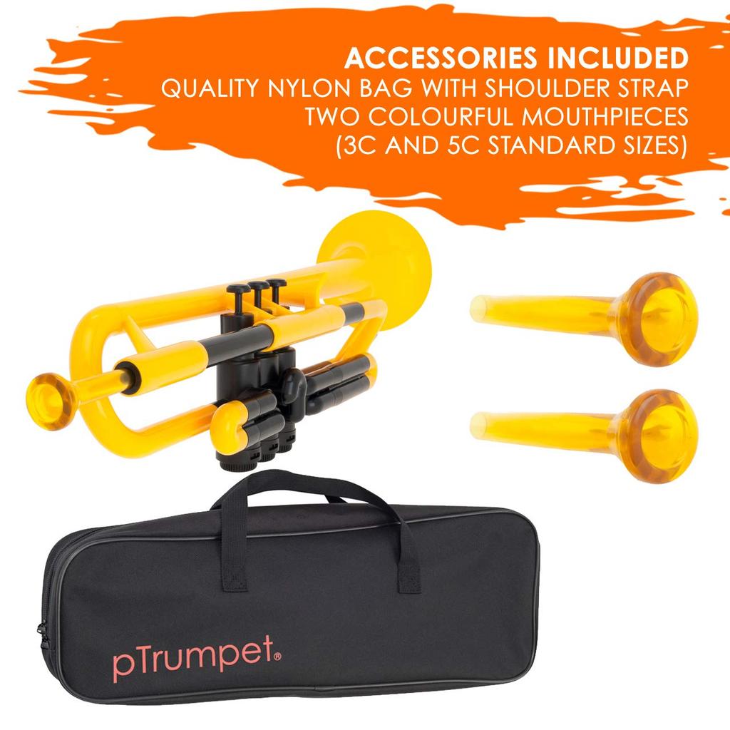 PInstruments Kunststoff-Blasinstrument Trompete pTrumpet Bb Ton Leichtes, äußerst langlebiges ABS Biocoat Antibakteriell PTRUMPET1Y Gelbe Tasche &