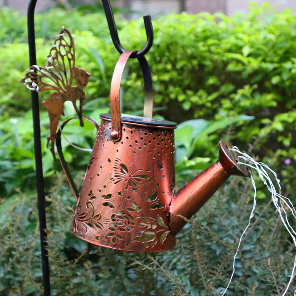 Retro Metal Kettle Light Waterproof Butterfly Solar Watering Can Solar Butterfly Garden Lights for Outdoor Garden Yard Decor