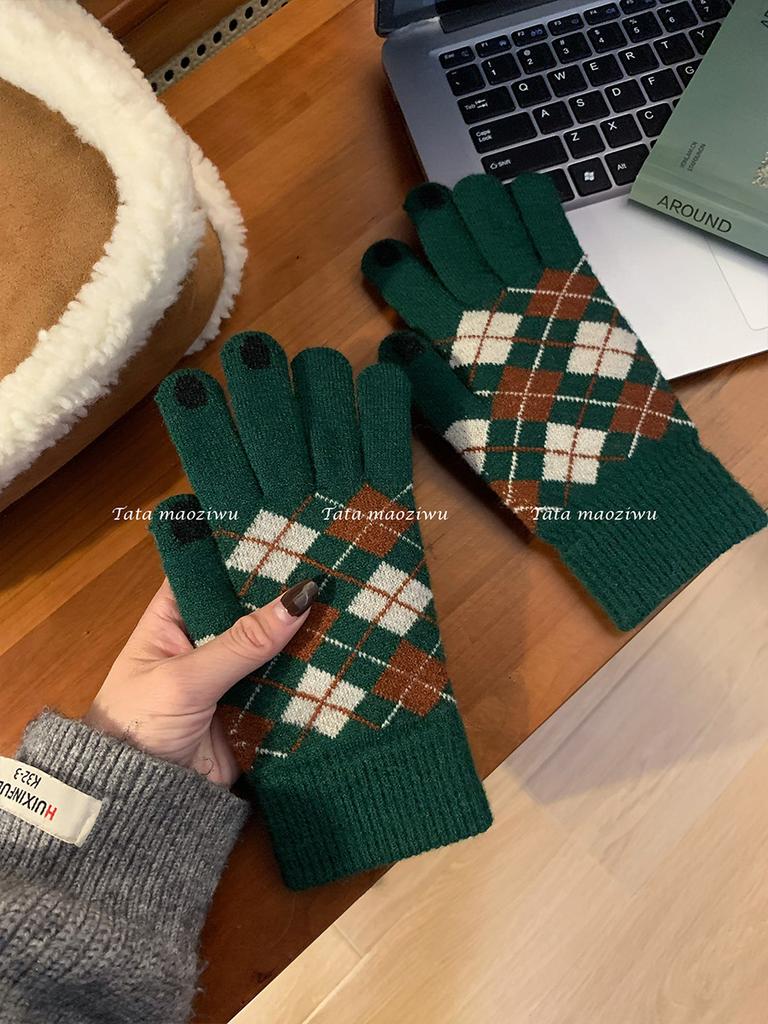 Warme Handschuhe Damen Winterwolle gestrickt farblich passend Rautenmuster kältefest Samt Fünffinger Student Reiten kann den Bildschirm berühren