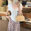 Design Sense Lace-up U-neck Ruffle Edge Short-sleeved T-shirt Women's Spring New Niche Chic Age-reducing Loose Casual Top