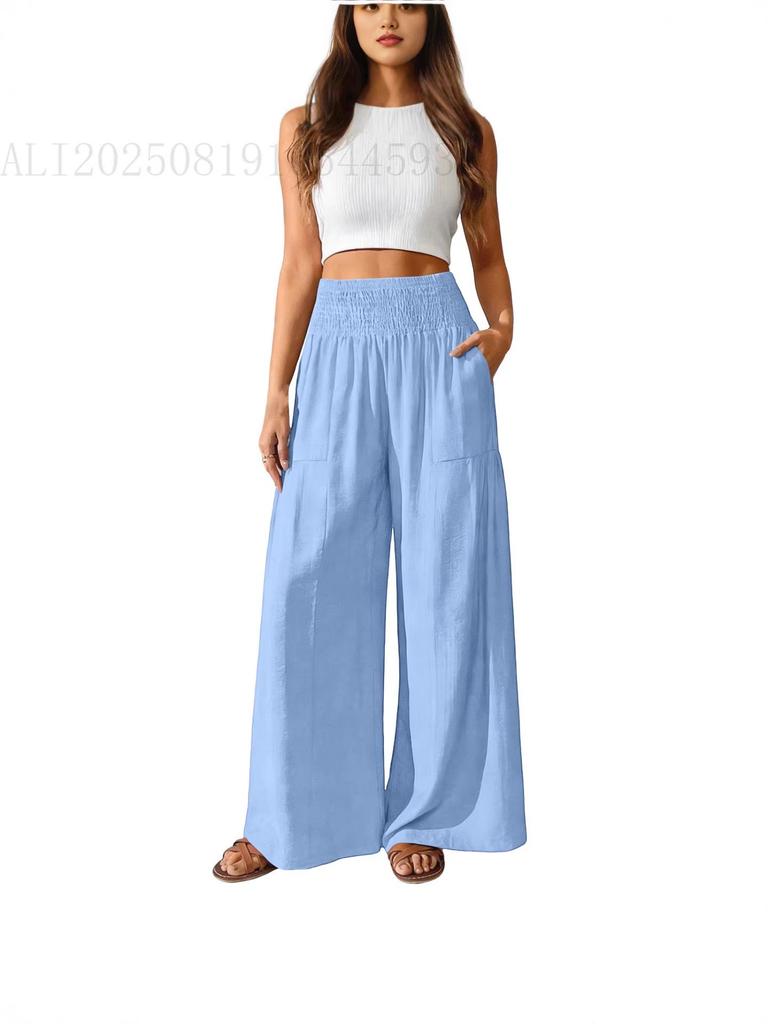 European and American Fashion Casual Women's High-Waisted Wide-Leg Pants with Pockets