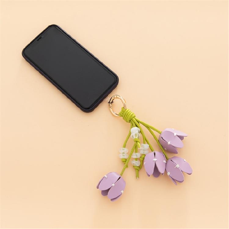 Artistic Tulips Themed Key Accessory Crafted From Leather With Elegant Bead Embellishment
