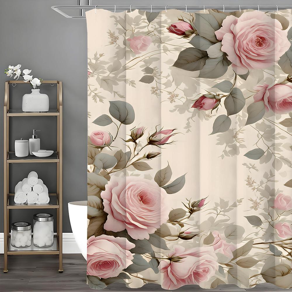 Rose Flower Shower Curtain, Bathroom Decorative Shower Curtain, Waterproof Shower Curtain with Hooks